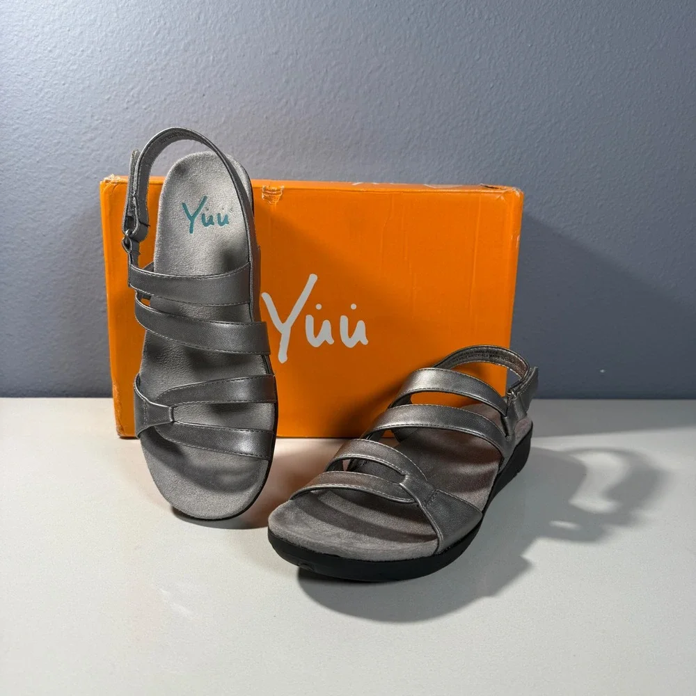 Yuu Janne‎ Women Metallic Pewter Wedge Sandals Strappy Slingback 6M BTS16-10422
